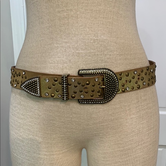 Metallic gold full grain cowhide leather western rhinestone festival belt - Picture 1 of 5